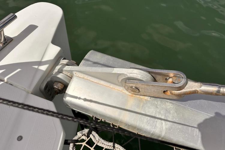 Close-up of a 2016 Fountaine Pajot Ipanema 58 yacht's rigging detail.