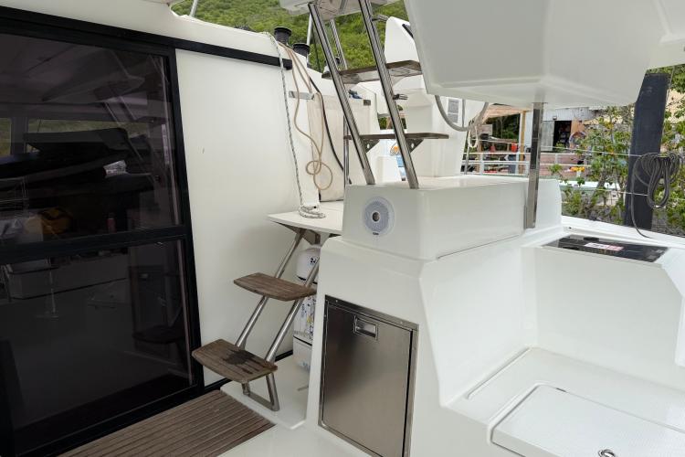 2020 Fountaine Pajot Astrea 42 yacht deck with stairs and sleek design elements.