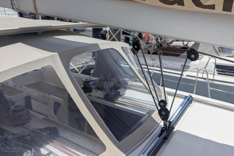 2017 Dufour 460 Grand Large sailboat cockpit with rigging and winches.