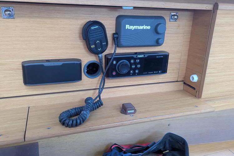 Control panel on 2017 Dufour 460 Grand Large yacht with Raymarine equipment.