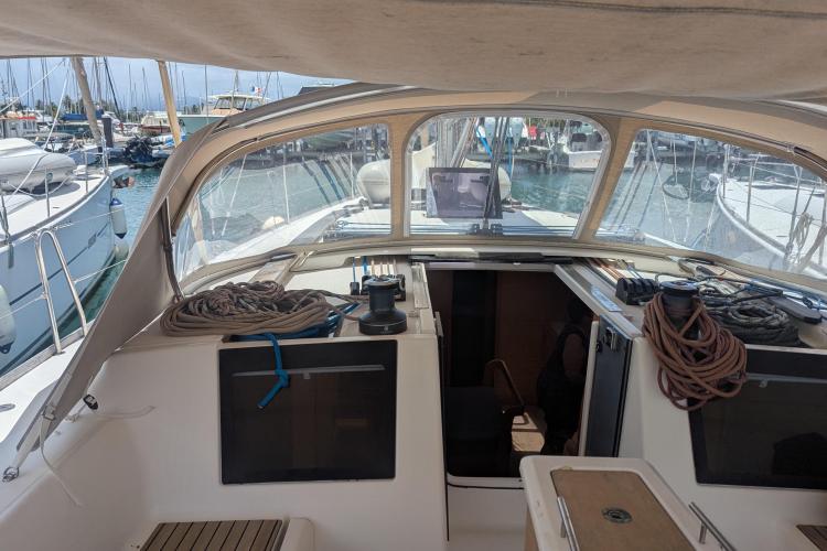Cockpit view of 2017 Dufour 460 Grand Large sailboat docked at marina.