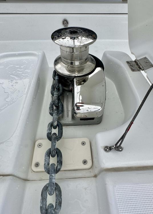 2023 Lagoon 46 yacht anchor winch with chain on deck.