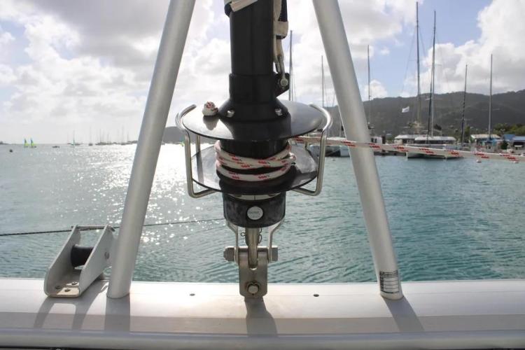 Fountaine Pajot SABA 50 sailboat deck detail with marina view, 2017 model.