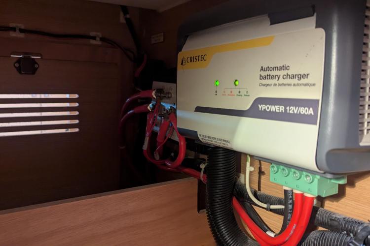 Automatic battery charger in 2017 Dufour 460 Grand Large yacht, featuring Cristec YPower 12V/60A.