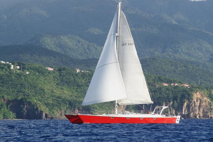 Red 1995 Catamaran Day Charter sailing near lush green coastline.