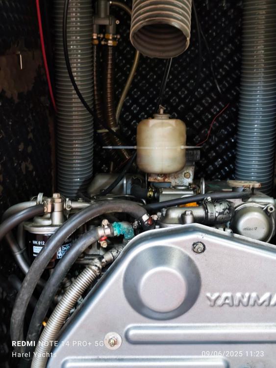 Engine compartment of a 2005 Beneteau Cyclades 43.3 yacht, featuring Yanmar components.