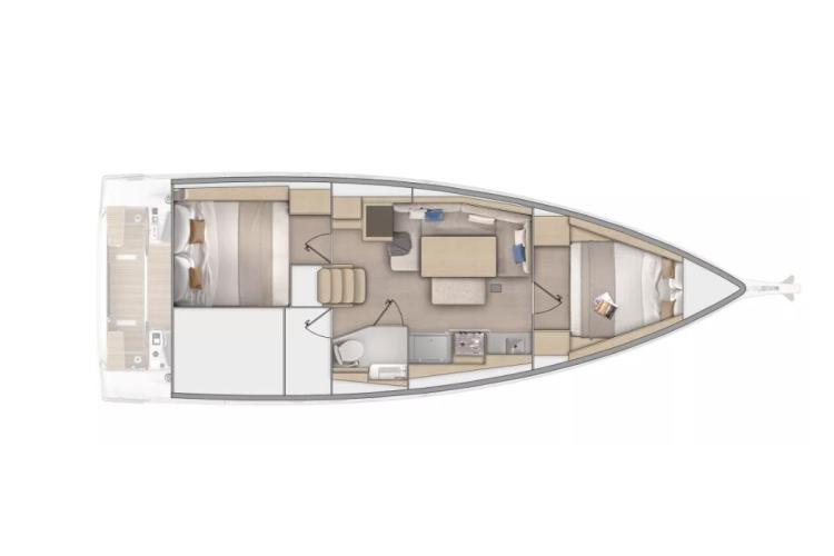 Manufacturer Provided Image: 2026 Beneteau Oceanis 37.1 yacht interior layout, featuring cabins, kitchen, and seating area.