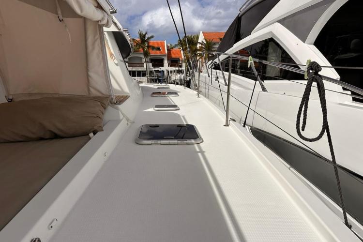 2016 Fountaine Pajot Ipanema 58 catamaran deck with hatches and seating area.