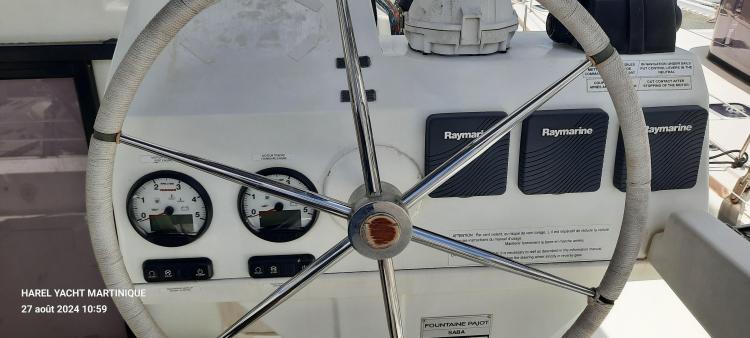 Helm of 2017 Fountaine Pajot SABA 50 yacht with Raymarine instruments.