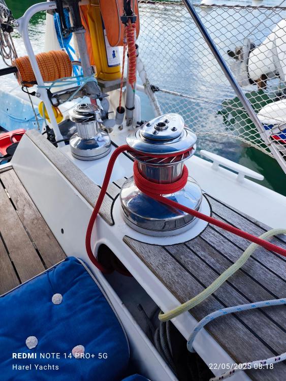 Sailboat deck with winches and ropes, Custom Patago 40, 2019 model, docked at marina.
