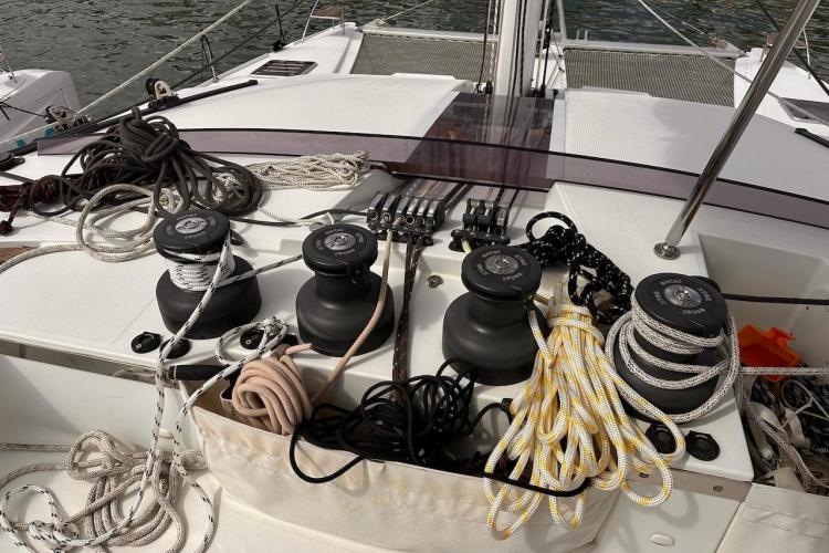 Deck of 2016 Fountaine Pajot Ipanema 58 with ropes and winches.