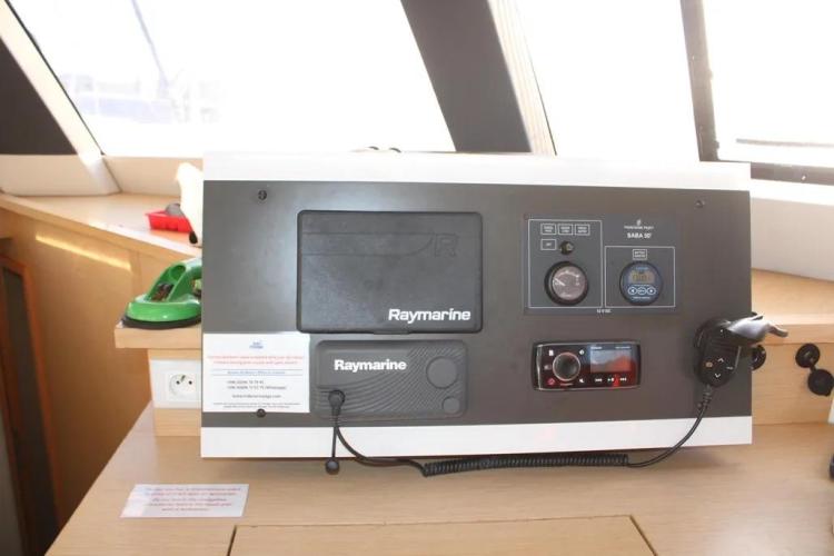 Control panel of 2017 Fountaine Pajot SABA 50 catamaran with Raymarine navigation equipment.