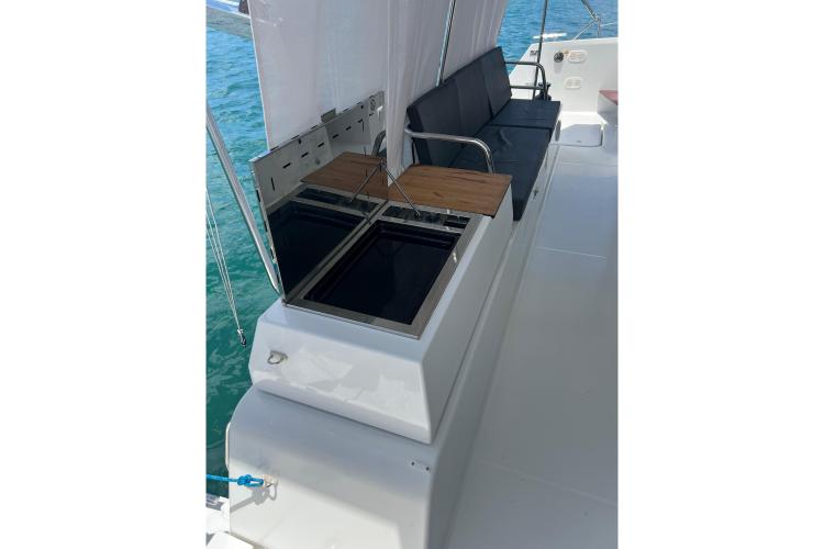 2023 Fountaine Pajot Astrea 42 Catamaran deck with seating and storage.