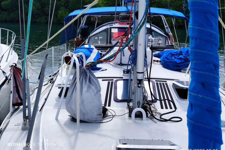 Sailboat deck view of 2019 Custom Patago 40, featuring rigging and equipment.