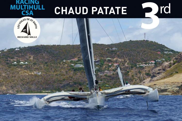 Coulombel Trimaran 1994 racing in Les Voiles de St. Barth, securing third place.