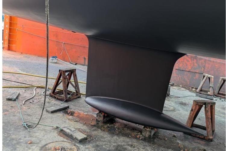 Keel of 2017 Dufour 460 Grand Large sailboat in dry dock.