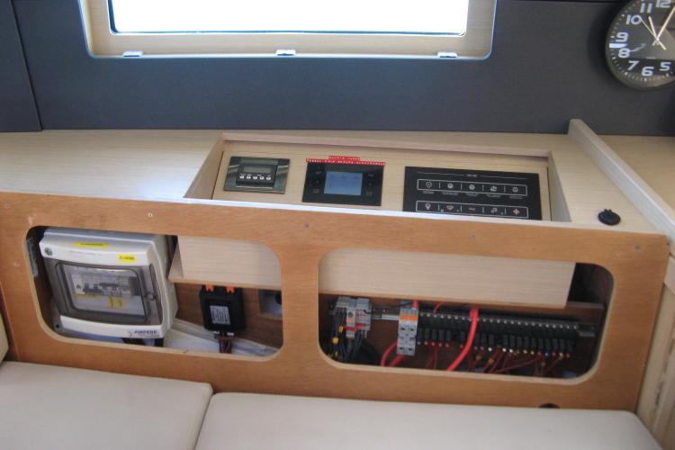 Electrical panel of a 2019 Beneteau Oceanis 46.1 yacht interior.