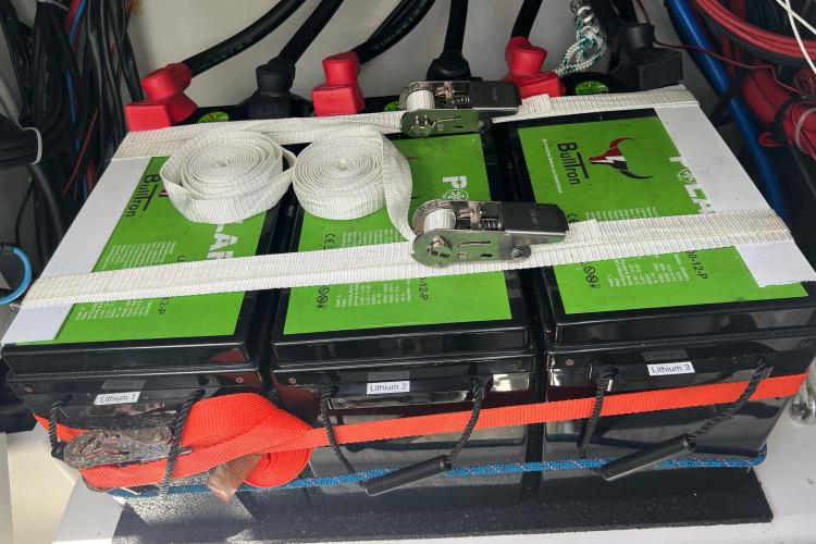 Lithium batteries secured in a 2023 Fountaine Pajot Astrea 42 Catamaran.