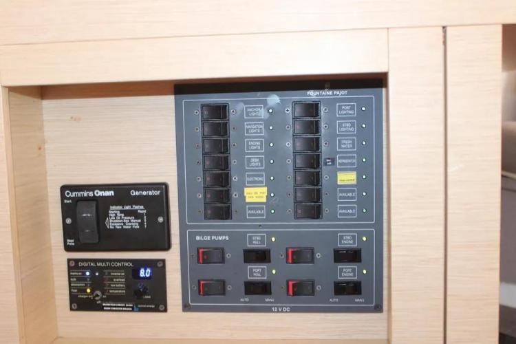 Electrical control panel on a 2017 Fountaine Pajot SABA 50 catamaran.