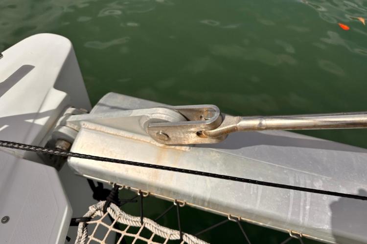 Close-up of a 2016 Fountaine Pajot Ipanema 58 yacht rigging detail.