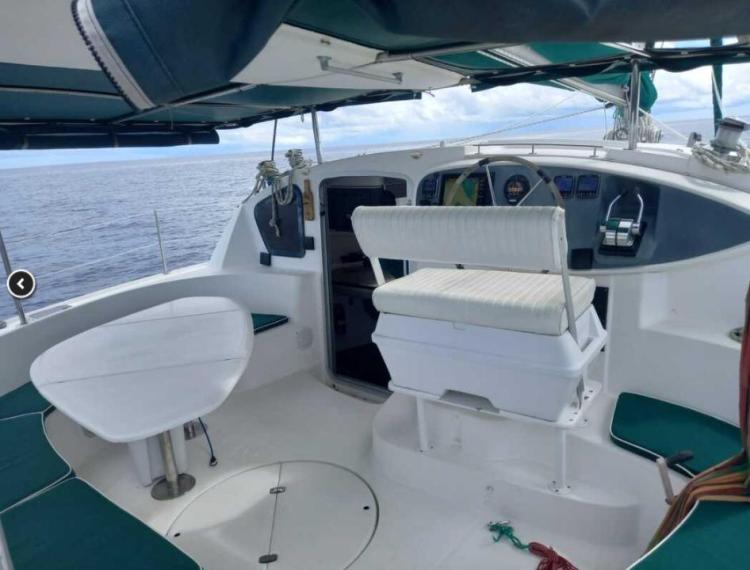 Cockpit of 1999 Fountaine Pajot Bahia 46 catamaran with ocean view.