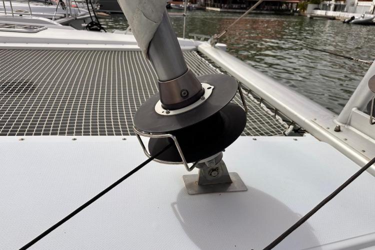 Fountaine Pajot Ipanema 58 catamaran deck detail, 2016 model, with winch and netting.
