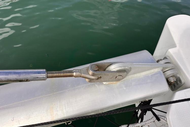 Close-up of a 2016 Fountaine Pajot Ipanema 58 yacht's rigging detail.