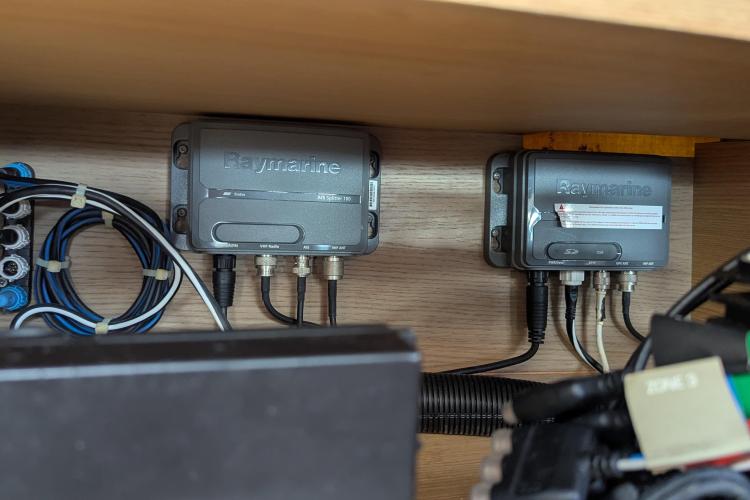 Raymarine electronics in 2017 Dufour 460 Grand Large yacht, showcasing wiring and connections.