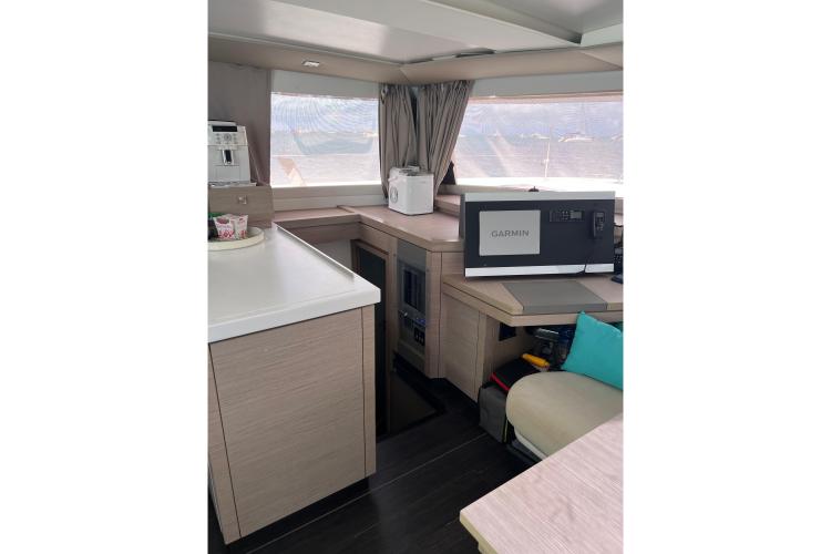 Interior of 2023 Fountaine Pajot Astrea 42 Catamaran with modern navigation equipment.